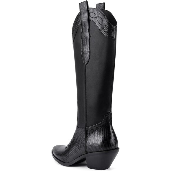 Women's Black Knee High Cowgirl Boots Pointed Toe Chunky Block Heel Fashion - Picture 5 of 8
